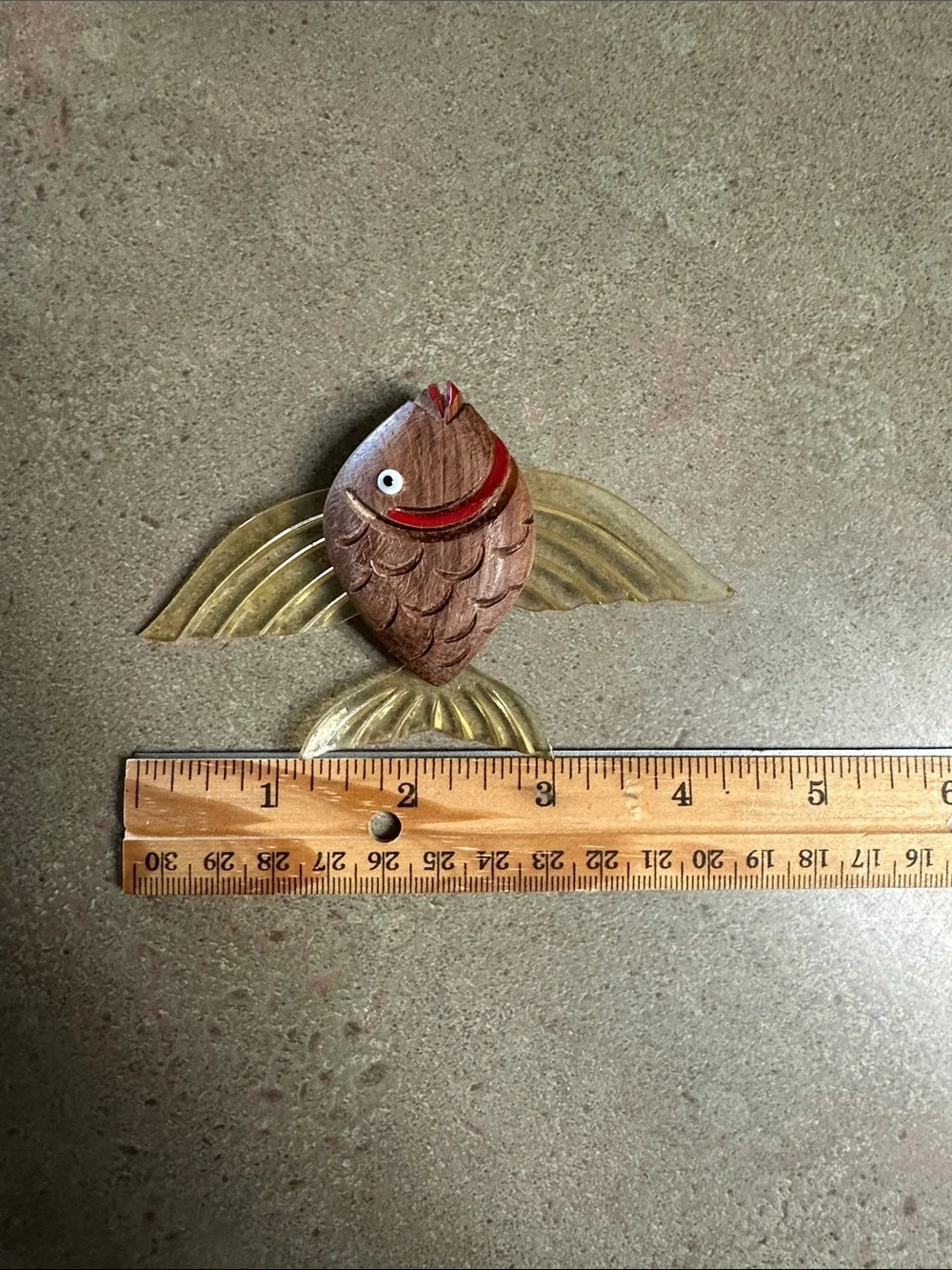 Vintage 1940s Carved Wood & Lucite Jelly Belly Flying Fish Brooch Pin WWII Era
